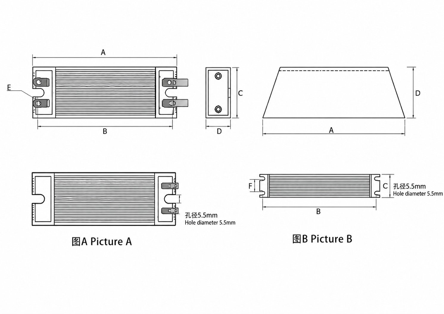 Vertical Aluminum Housed Resistor (Aluminum Housed Braking Resistor) Vertical Aluminum-Housed Brake Resistor — dimensional drawing